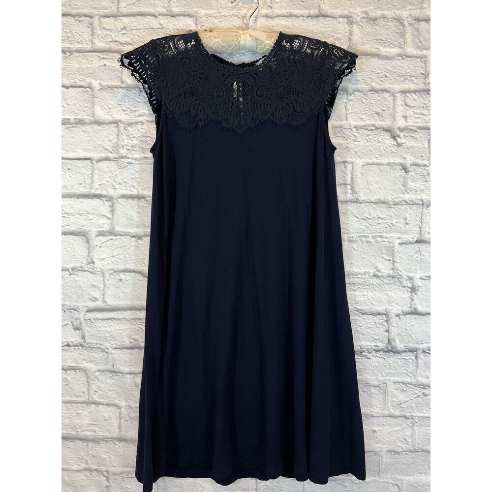 Loft Dress Navy Petite XS Lace Detail A-line Swing Trapeze Cap Sleeve A595